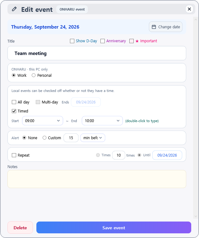 Schedule edit window. Shows the full-day schedule next to the title, a date change button, and a delete button below