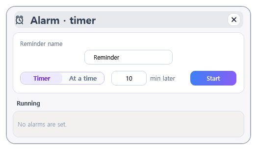 Alarm · Timer window