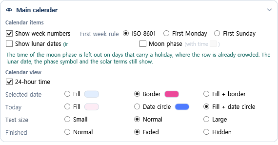 Main calendar settings with display items and the note explaining why the moon-phase time is omitted on holidays